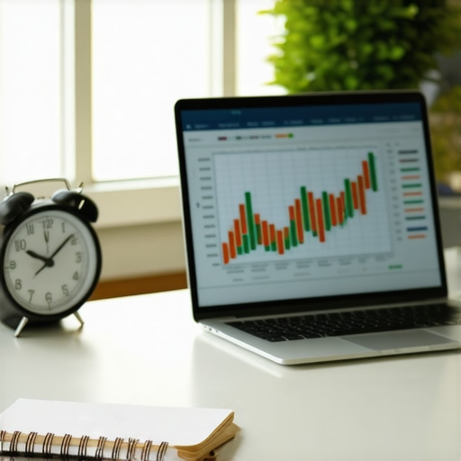 A professional workspace showing a laptop with financial charts and tools for business scaling.
