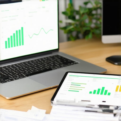 Minimalist home office desk showing financial software and organized records