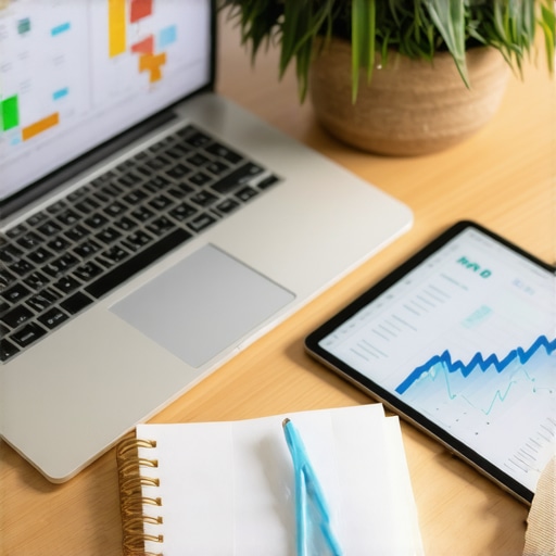 Optimized Small Business Bookkeeping Workspace Modern desk setup showing cloud accounting software and financial records.