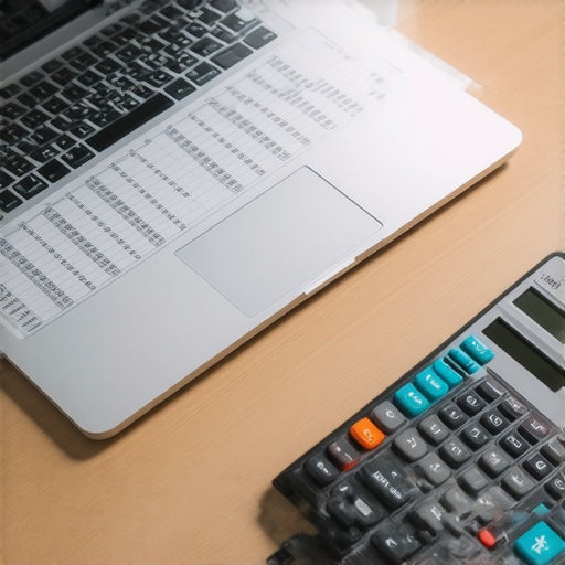 Organized Business Bookkeeping and Financial Audit A laptop screen displaying a financial spreadsheet next to a calculator on a clean desk.