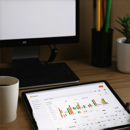 Organized Business Financial Management A clean desk with a laptop showing financial charts and a checklist for bookkeeping maintenance.