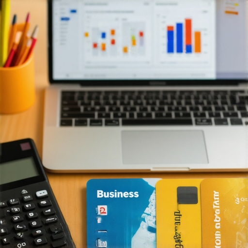 Organized Business and Personal Finance Setup Close up of business and personal bank cards next to a laptop showing accounting software.