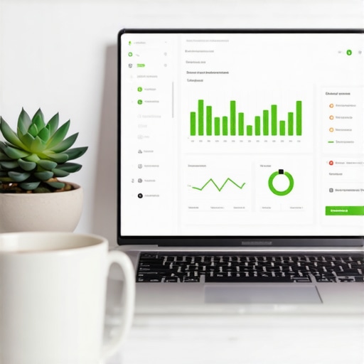 Organized Financial Dashboard for Small Business Scaling A clean workspace showing a laptop with financial growth charts and accounting software.