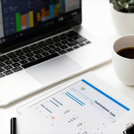 Organized Monthly Bookkeeping Setup A clean desk with a laptop showing financial charts and a checklist for monthly business closing.