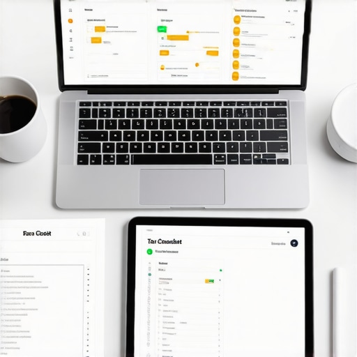 Organized Small Business Financial Workflow A clean desk with a laptop showing financial charts and a tablet with a tax preparation checklist.
