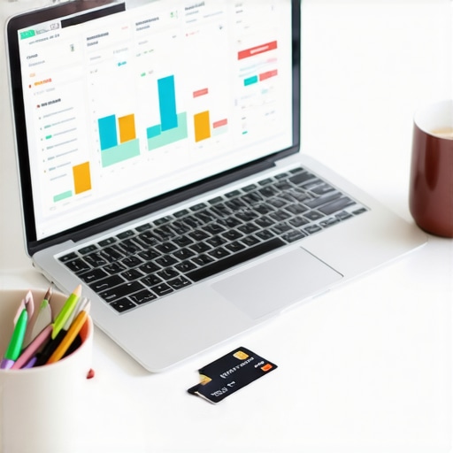 Organized business financial dashboard and credit card A professional workspace showing a business credit card and accounting software on a laptop.