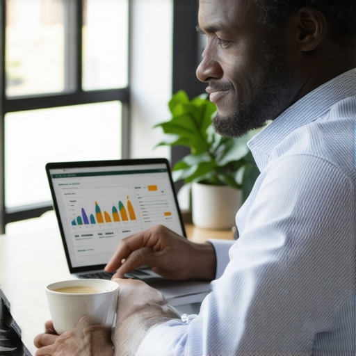 Organized small business financial review A focused business owner reviewing financial statements on a laptop to manage cash flow.