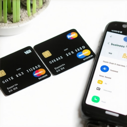 Organizing Business vs Personal Finances Clean desk with business and personal credit cards to represent financial organization.