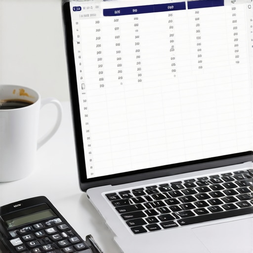 Organizing business finances for tax efficiency A laptop screen showing organized financial data and a calculator on a desk.