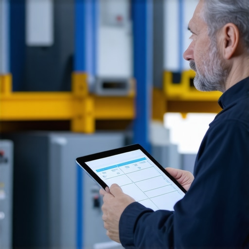 Performing a Physical Asset Audit A business manager checking industrial equipment inventory against a digital record in a clean warehouse environment.