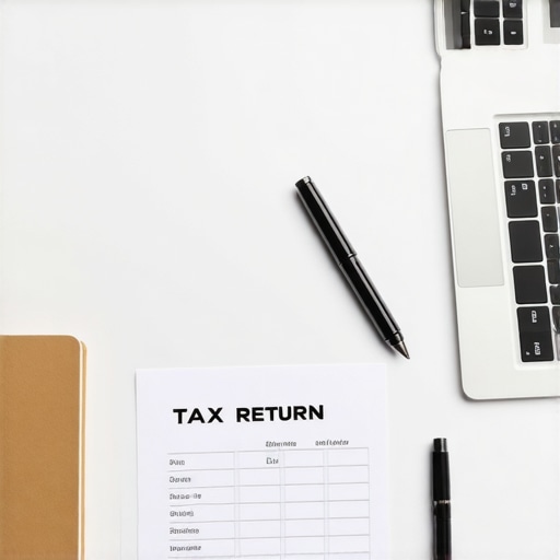 A minimalist office setup with financial documents and a laptop for tax preparation.