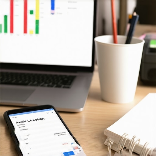 Professional Business Bookkeeping Setup A modern desk showing tools used for business bookkeeping and receipt scanning