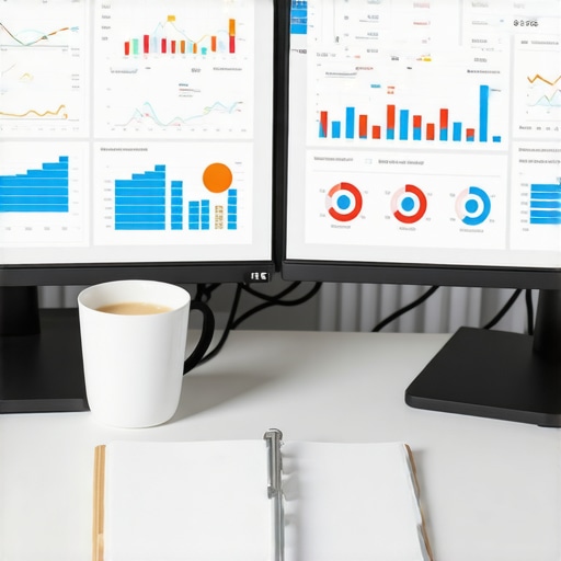 Professional Cloud Accounting Dashboard for Business Scaling A modern office desk with dual monitors showing financial data and cloud bookkeeping tools for business owners.