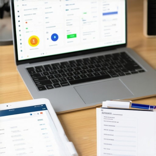 Professional E-commerce Accounting Tech Stack A modern workspace setup showing various digital tools and apps used for Shopify bookkeeping and financial management.