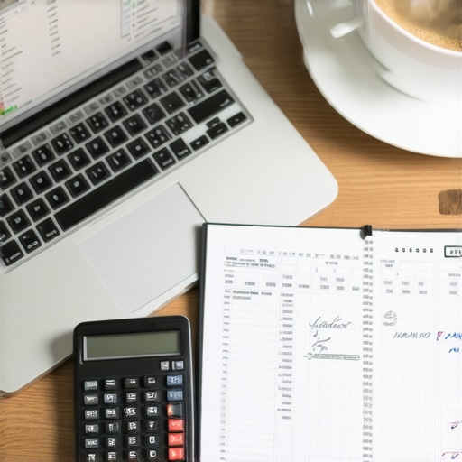 Professional Financial Oversight and Bookkeeping Balance A desk with a laptop showing financial data and a notebook representing careful manual bookkeeping.