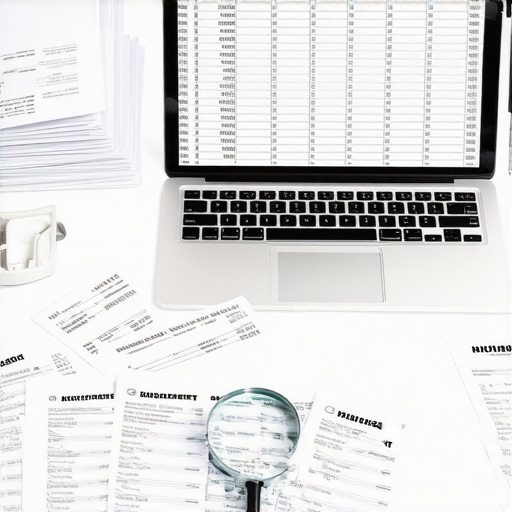 A person analyzing financial documents and digital records to find missing invoices for a monthly close.