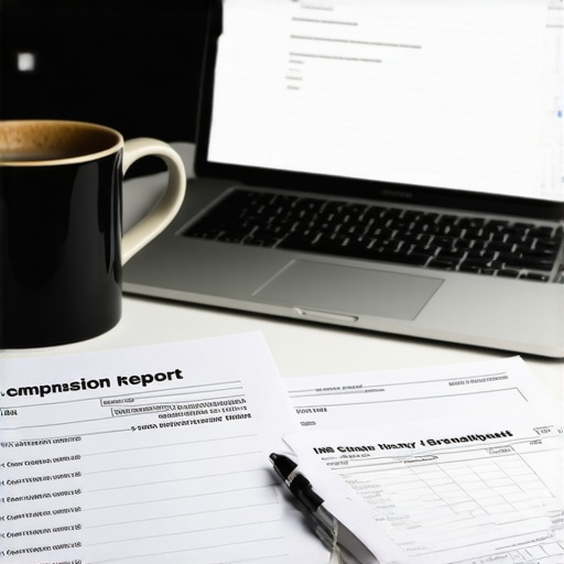 Professional S-Corp Salary Planning Setup A desk with a laptop displaying compensation data and tax forms for S-Corp planning.