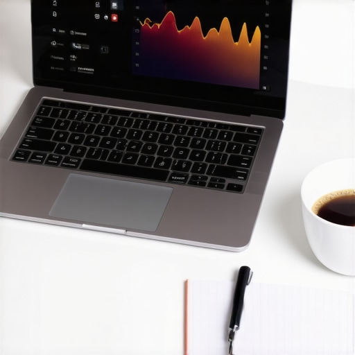 A clean workspace featuring a financial dashboard on a laptop and a notebook for bookkeeping