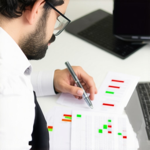 Professional accountant reviewing complex business ledgers An expert accountant using a magnifying glass to audit a business financial report for errors.