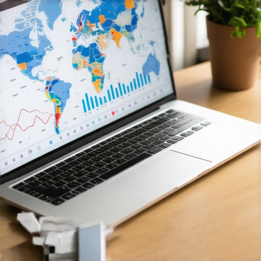 A desk with a laptop showing tax maps representing the complexity of hiring remote employees across state lines.