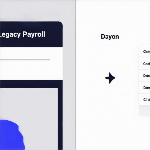 Seamless Payroll Data Migration Visualization Comparison of old and new payroll software interfaces showing a successful data transition.