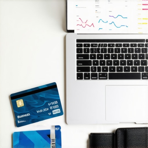 Comparison of business vs personal bank cards and a payroll software interface.