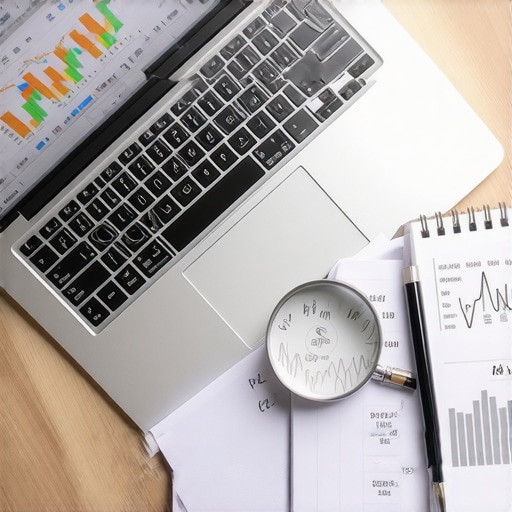 Small Business Internal Audit Setup A desk setup featuring a laptop with financial charts and a magnifying glass signifying a business audit.