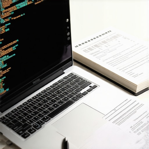 Software Development and Tax Strategy Intersection A desk with a laptop showing code next to tax documents and architectural sketches.