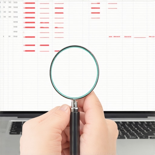 A business owner using a magnifying glass to inspect a digital spreadsheet for bookkeeping errors.