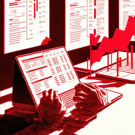 Spotting hidden risks in business bookkeeping ledgers A business owner analyzing a digital ledger with metaphorical warning signs and audit documents in the background.