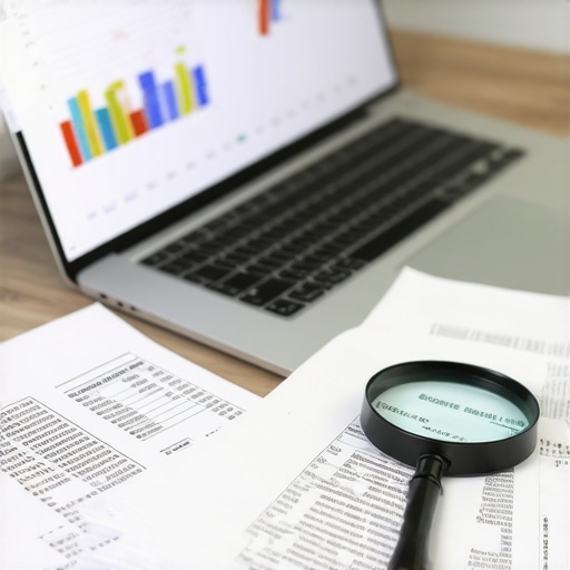 Step-by-Step Payroll Tax Audit Process Close-up of documents and laptop used for auditing overpaid payroll taxes