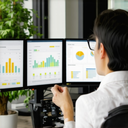 Strategic Financial Review Process A business owner analyzing financial data on dual monitors in a modern office.