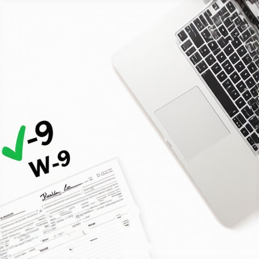 W-9 form on a desk with a laptop showing a checkmark for successful tax verification.