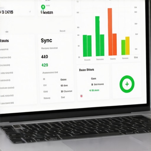 Streamlined Automated Accounting Dashboard A laptop displaying a clean financial dashboard with automated bookkeeping tools and synchronized data charts.