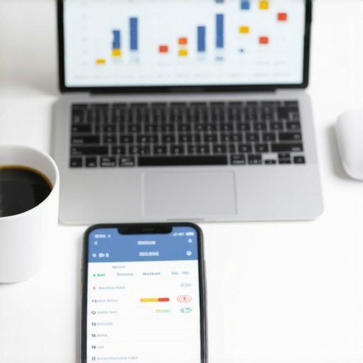 Streamlined Financial Management Tools A high-resolution view of a modern office desk with digital bookkeeping tools and accounting software displayed on a screen.