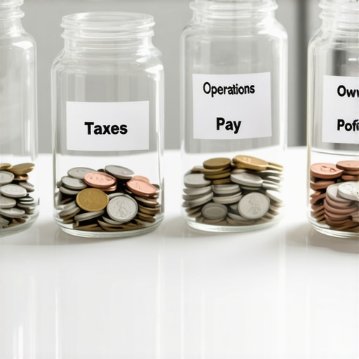 The Four Bucket Business Finance System A visual representation of separating business funds into four distinct bank accounts for taxes, operations, and salary.