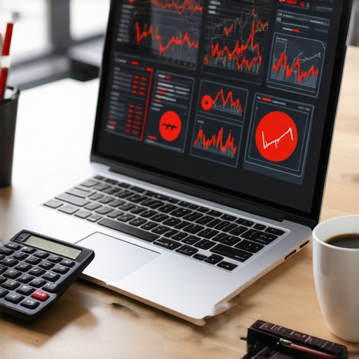 Laptop displaying financial software with errors and a calculator on a desk.