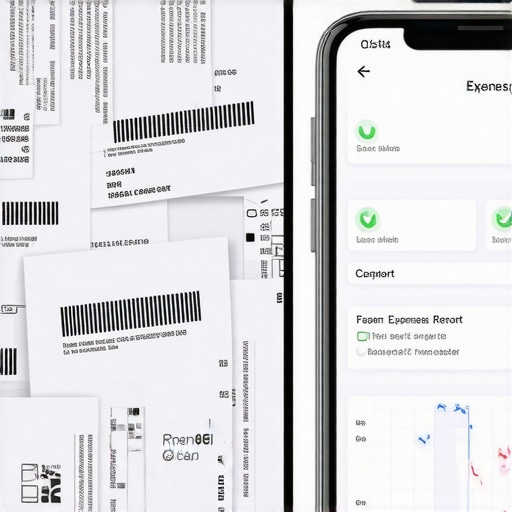 Transitioning from Paper Receipts to Digital Accounting Comparison of a messy pile of paper receipts versus an organized digital bookkeeping app on a smartphone.