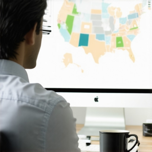 A business owner analyzing sales tax nexus across multiple states on a computer screen.