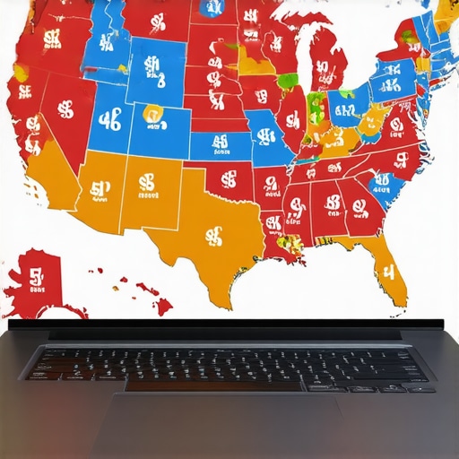 Visualizing Multi-State Payroll Compliance A US map on a laptop screen showing different state tax jurisdictions for remote payroll management.