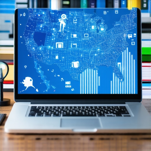 A digital map of the US on a laptop screen showing various state tax nexus markers and financial audit icons.