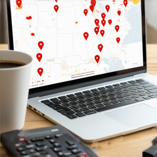 Visualizing State Tax Nexus for Remote Teams A laptop showing a map of the United States with various locations highlighted to represent business tax nexus.